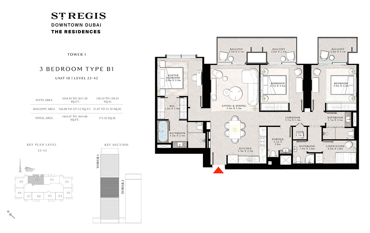 St. Regis-The Residences Tower 1 , 3 BR TYPE B1, UNIT 10, LEVEL 23-42